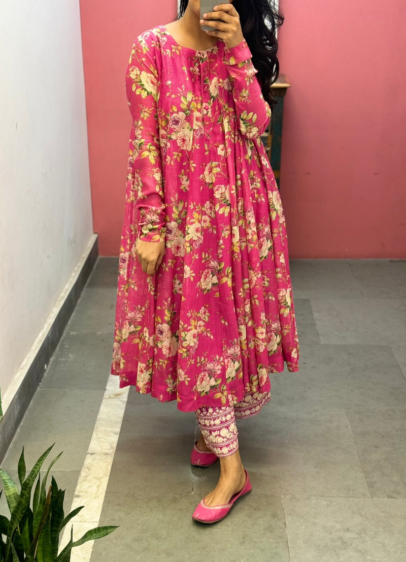 Pink printed chanderi Anarkali set of 2