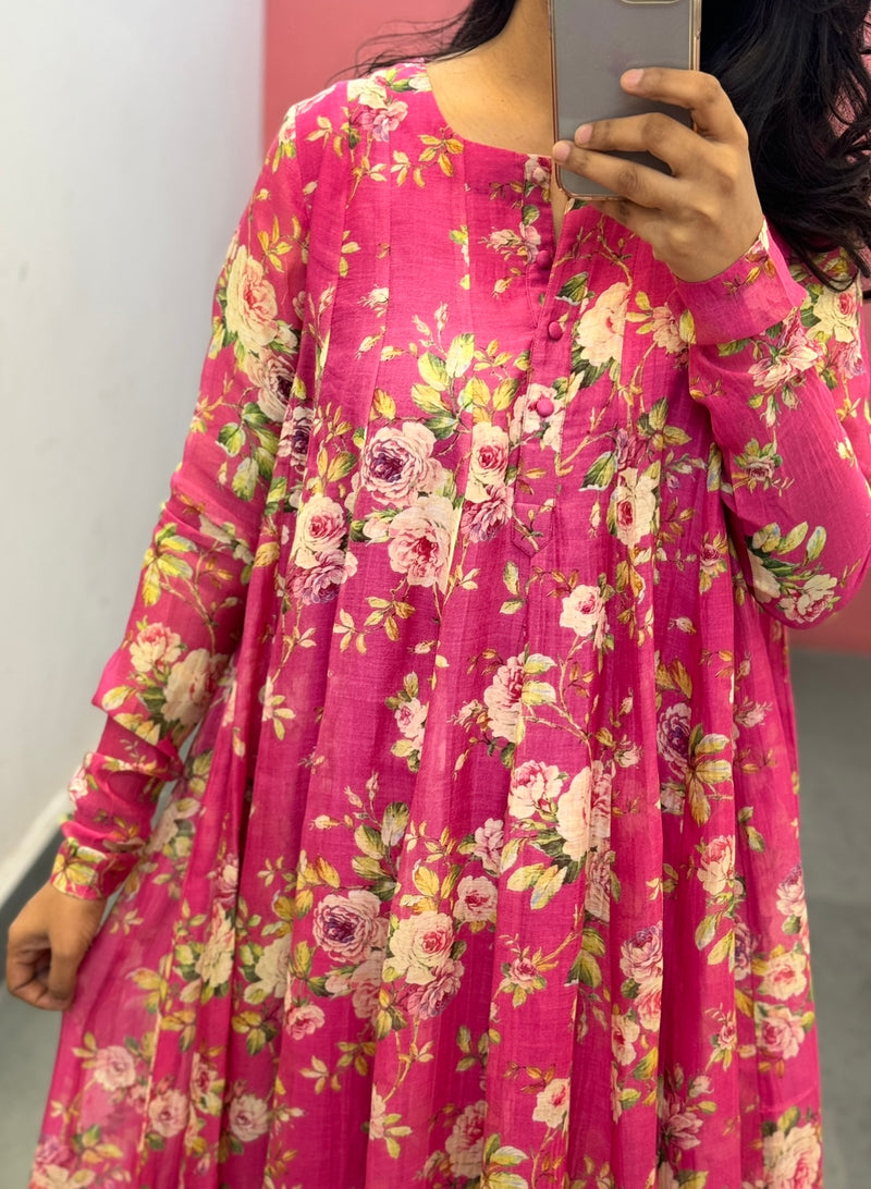 Pink printed chanderi Anarkali set of 2