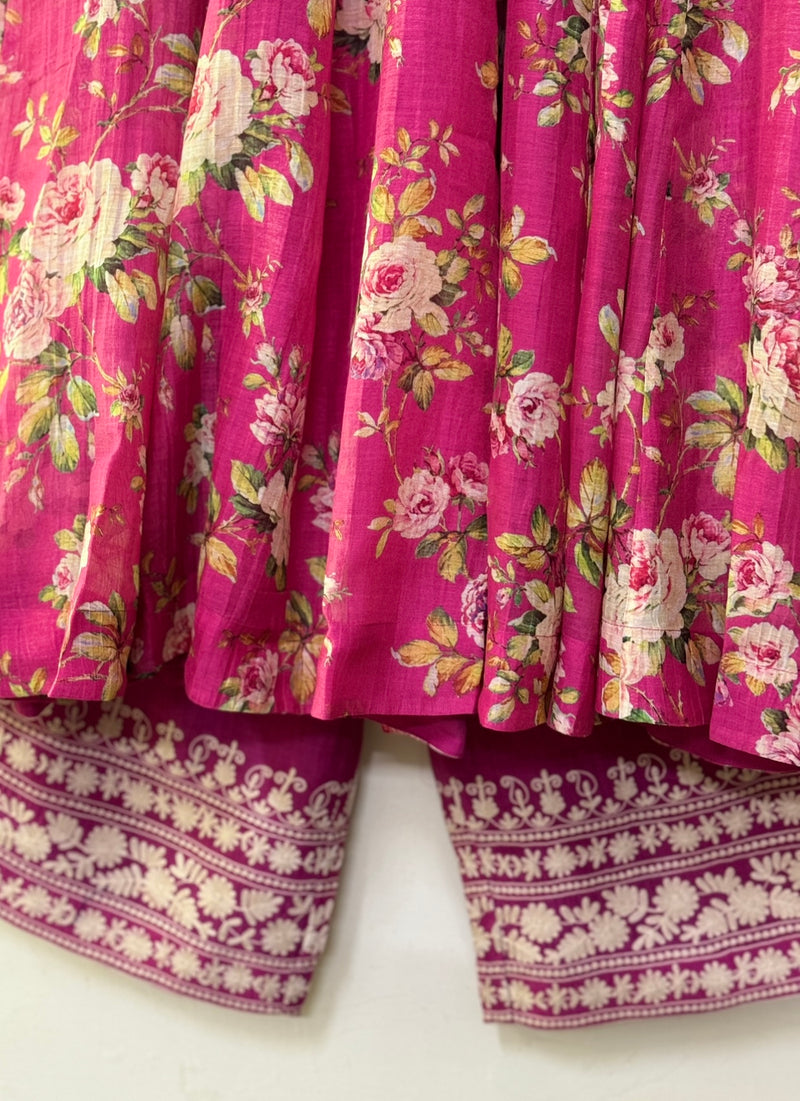 Pink printed chanderi Anarkali set of 2