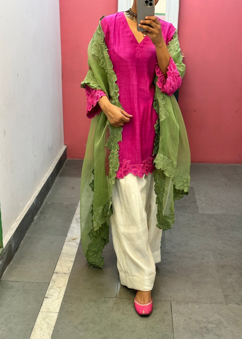 Short Pink Mul chanderi Farshi salwar Kurta set of 2