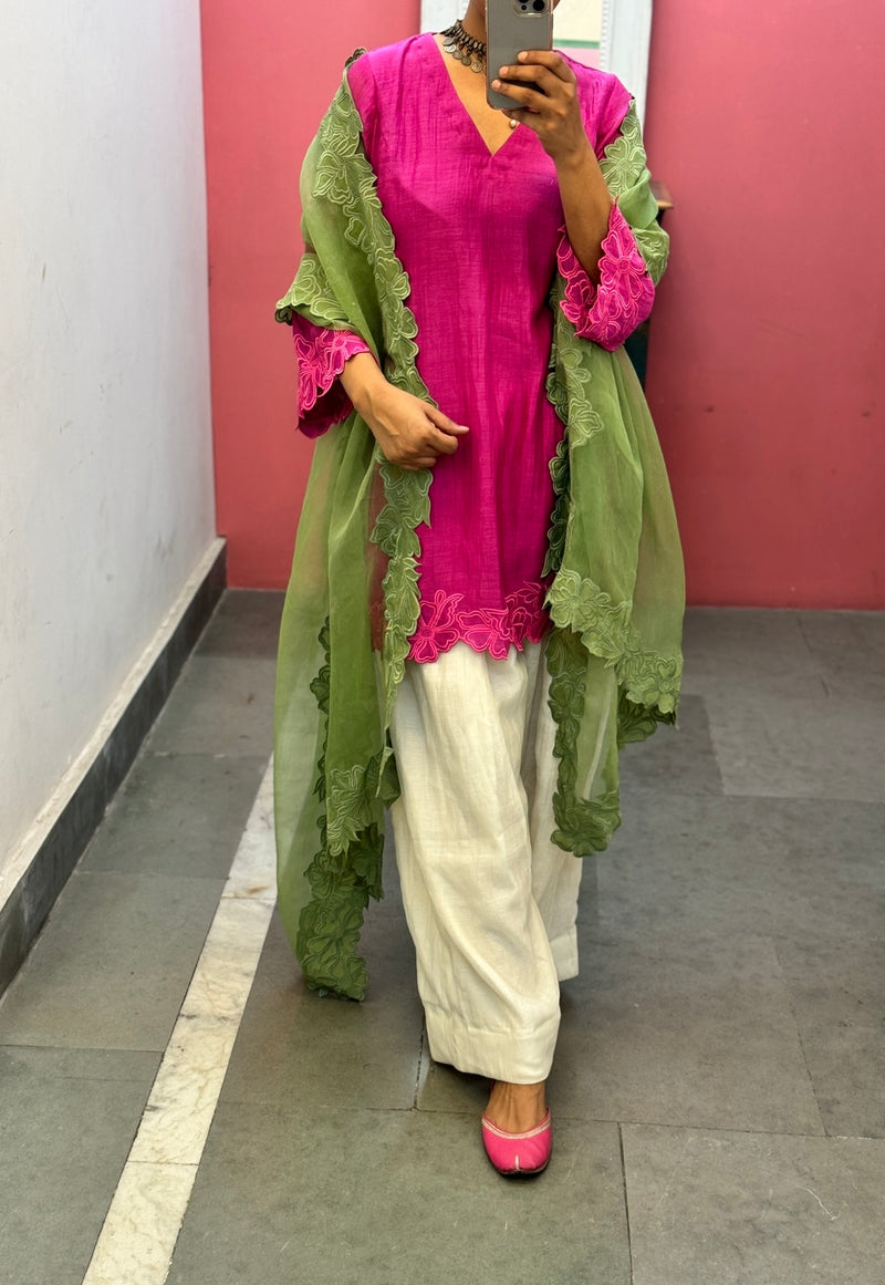 Short Pink Mul chanderi Farshi salwar Kurta set of 2