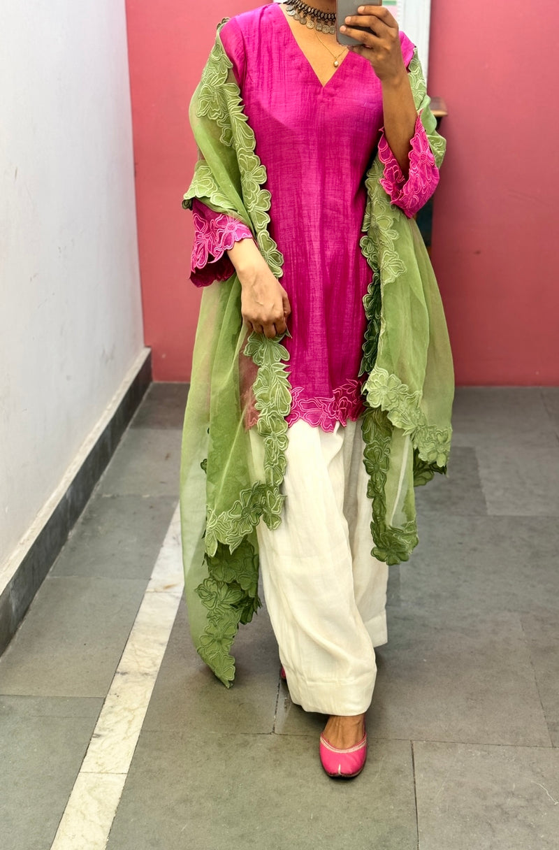 Short Pink Mul chanderi Farshi salwar Kurta set of 2