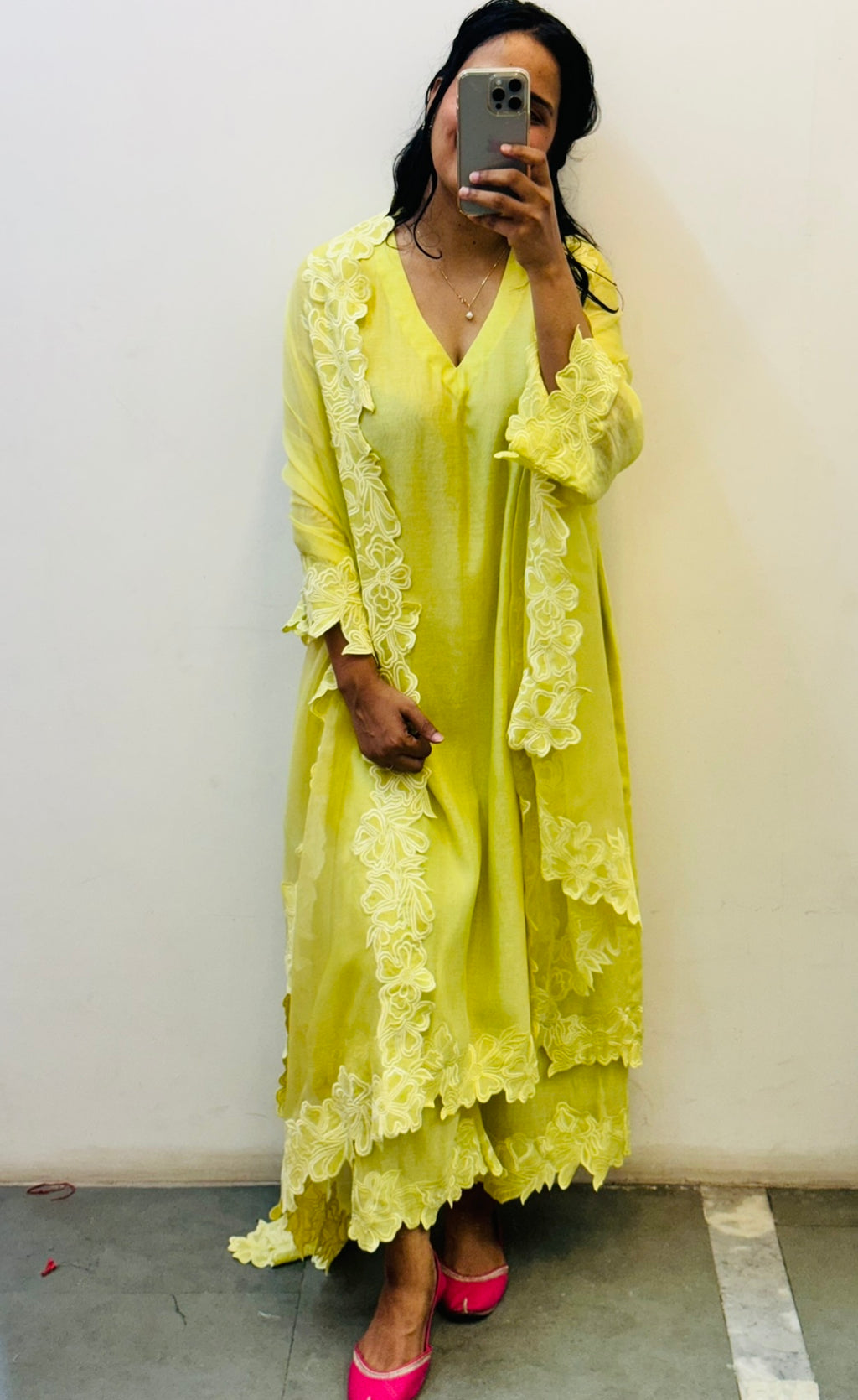 Lime yellow Mul chanderi Kurta set of 2