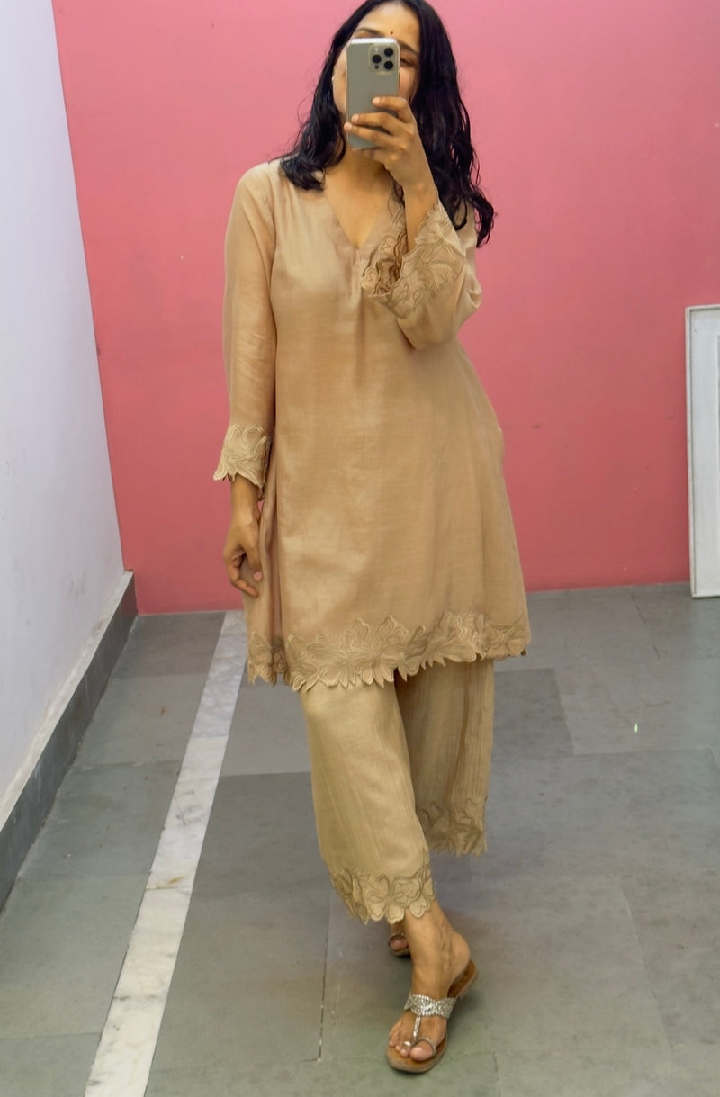 Mul chanderi Beige embroidered kurta
