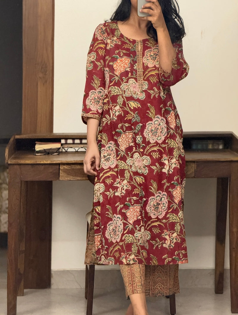 Maroon Hand block printed Kurta set of 2