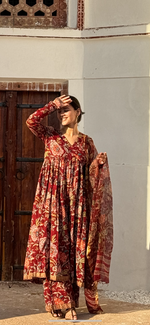 Maroon Block printed Anarkali With Full Sleeves Set of 3