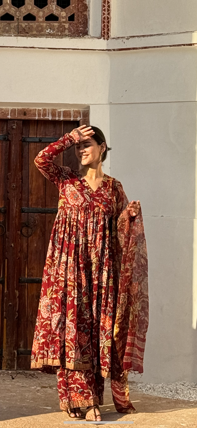 Maroon Block printed Anarkali With Full Sleeves Set of 3