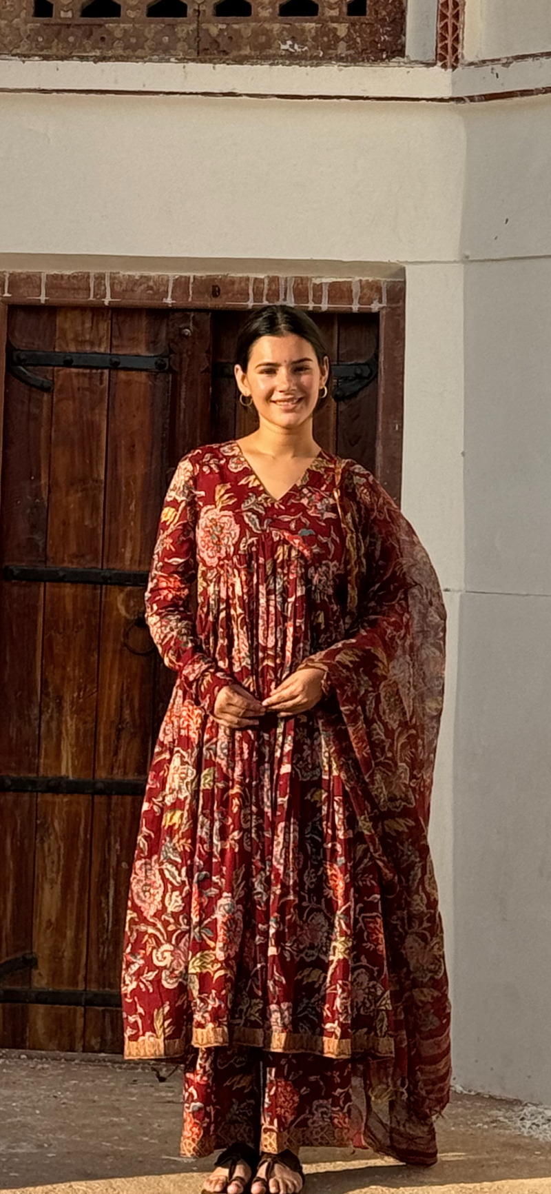 Maroon Block printed Anarkali With Full Sleeves Set of 3