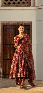 Maroon Block printed Anarkali With Full Sleeves Set of 3
