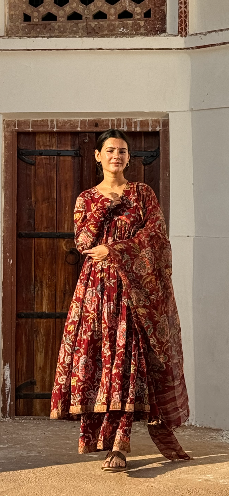 Maroon Block printed Anarkali With Full Sleeves Set of 3