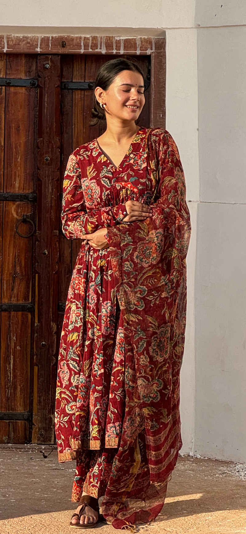 Maroon Block printed Anarkali With Full Sleeves Set of 3