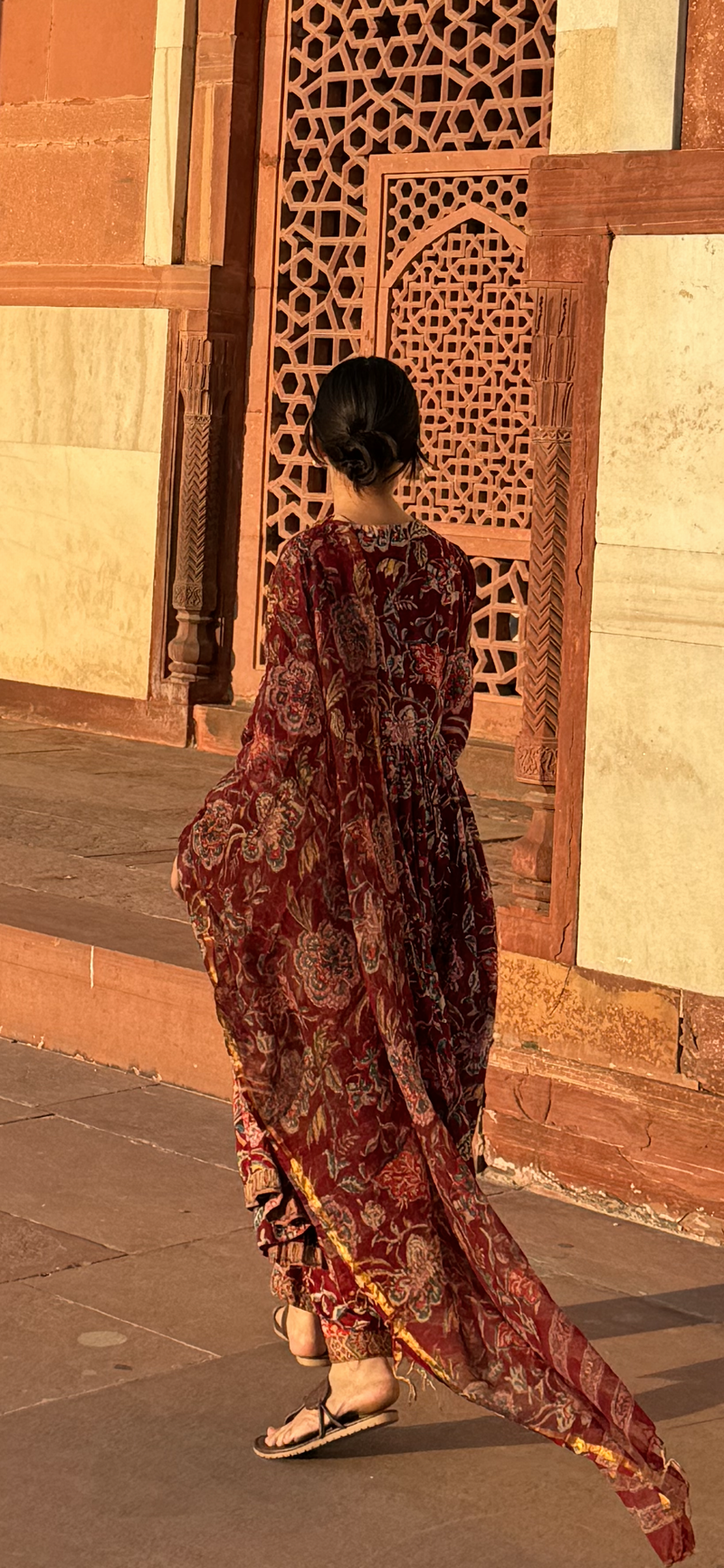 Maroon Block printed Anarkali With Full Sleeves Set of 3