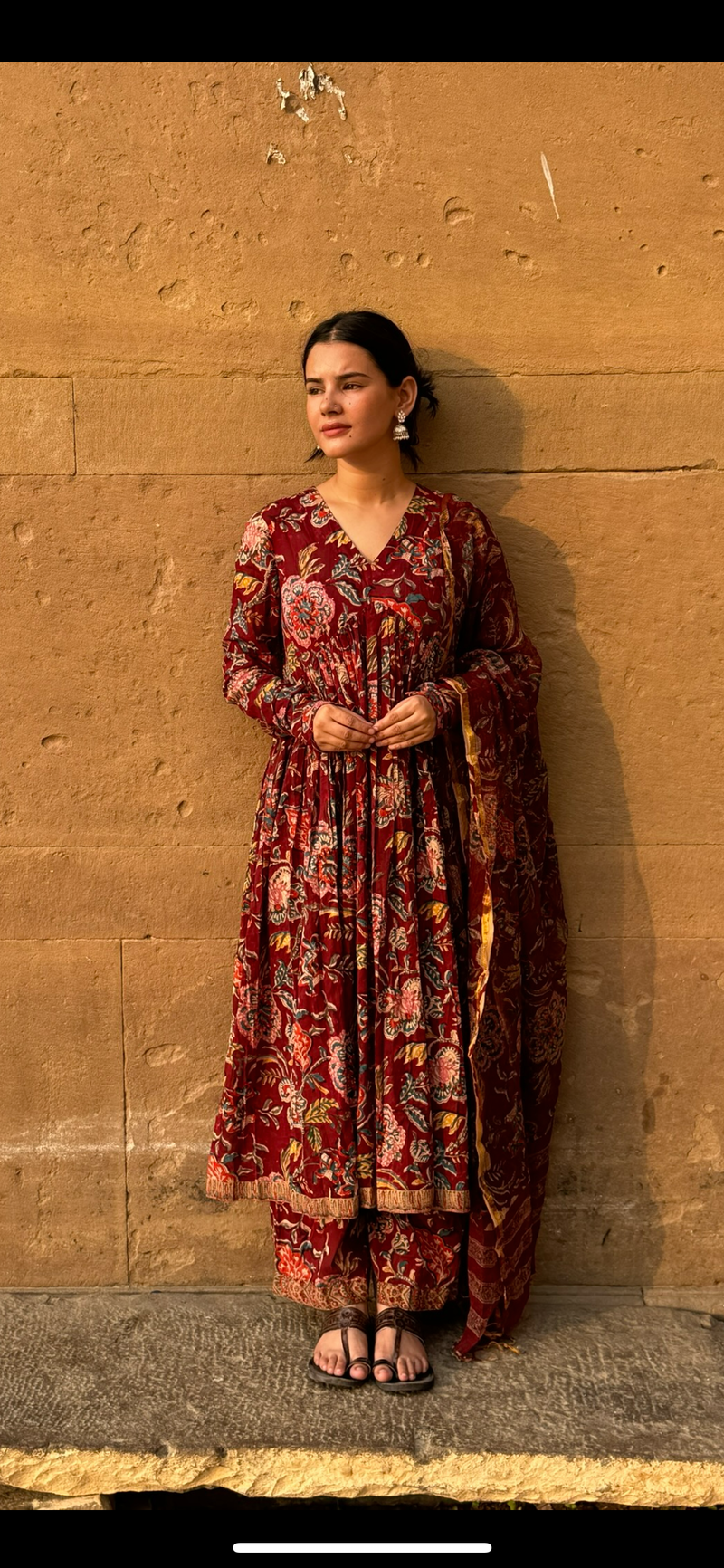 Maroon Block printed Anarkali With Full Sleeves Set of 3