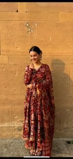 Maroon Block printed Anarkali With Full Sleeves Set of 3