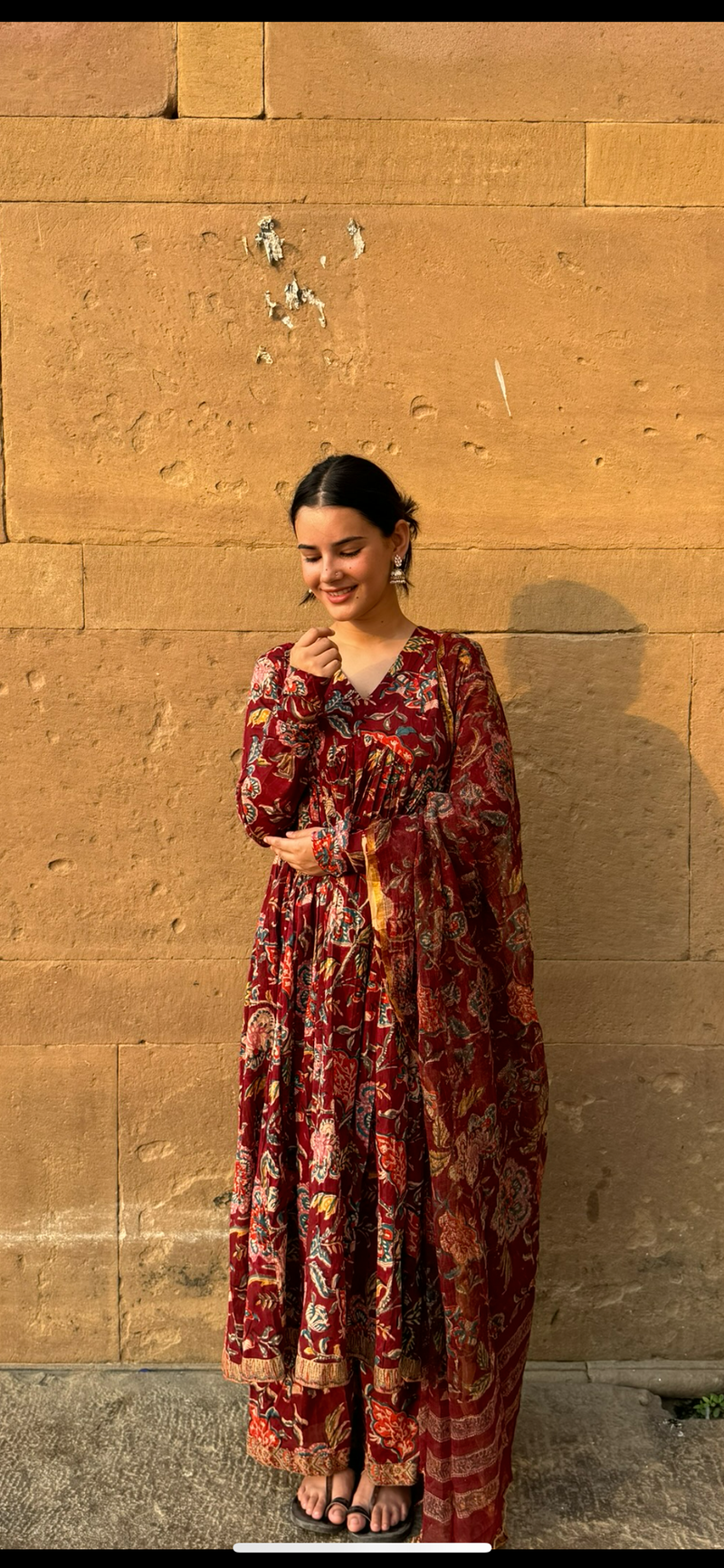 Maroon Block printed Anarkali With Full Sleeves Set of 3
