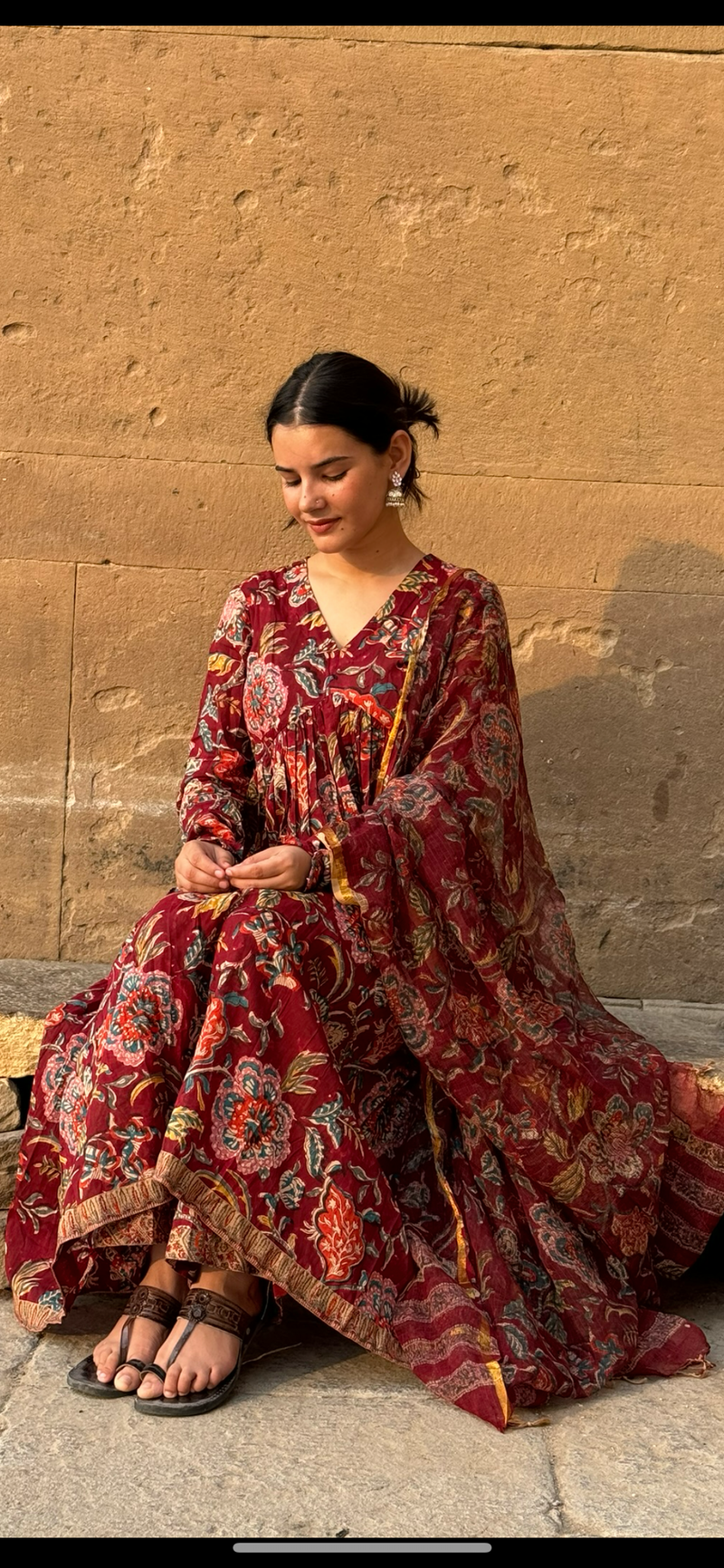 Maroon Block printed Anarkali With Full Sleeves Set of 3