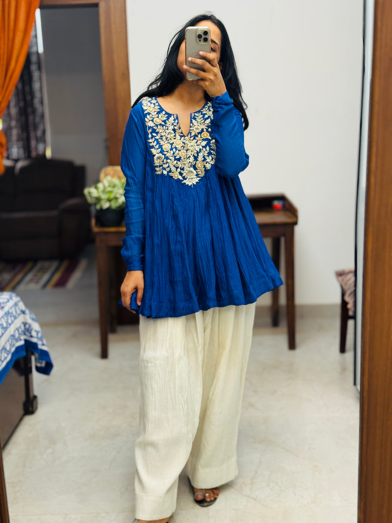 Royal Blue Mul chanderi Anarkali with Farshi Salwar