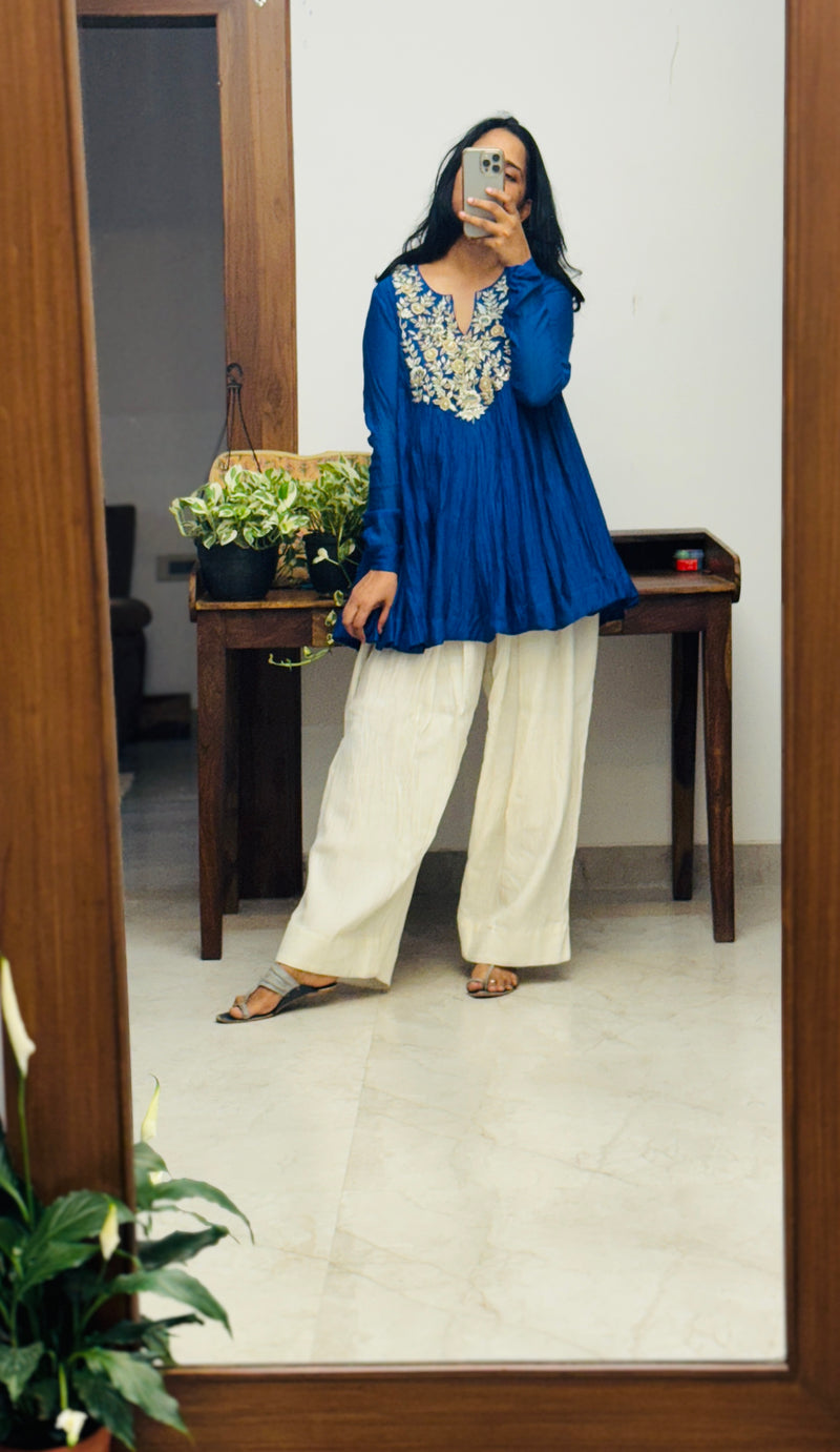 Royal Blue Mul chanderi Anarkali with Farshi Salwar