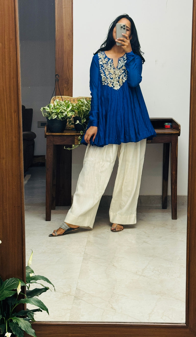 Royal Blue Mul chanderi Anarkali with Farshi Salwar