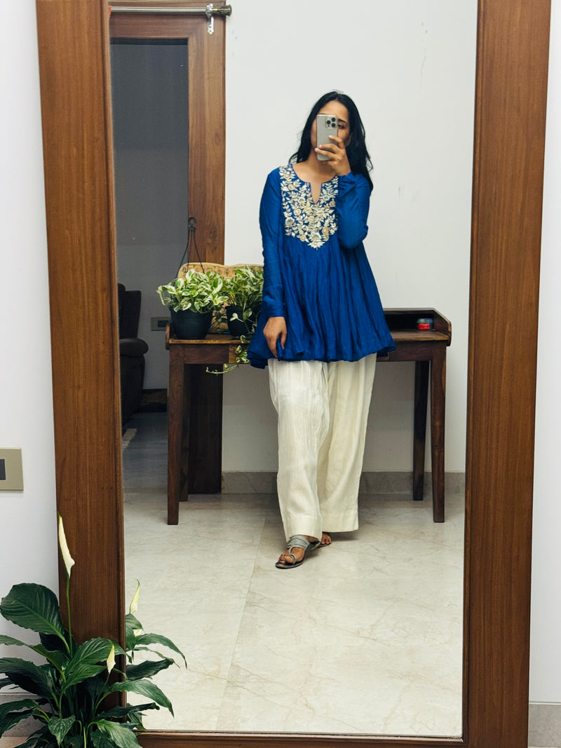 Royal Blue Mul chanderi Anarkali with Farshi Salwar