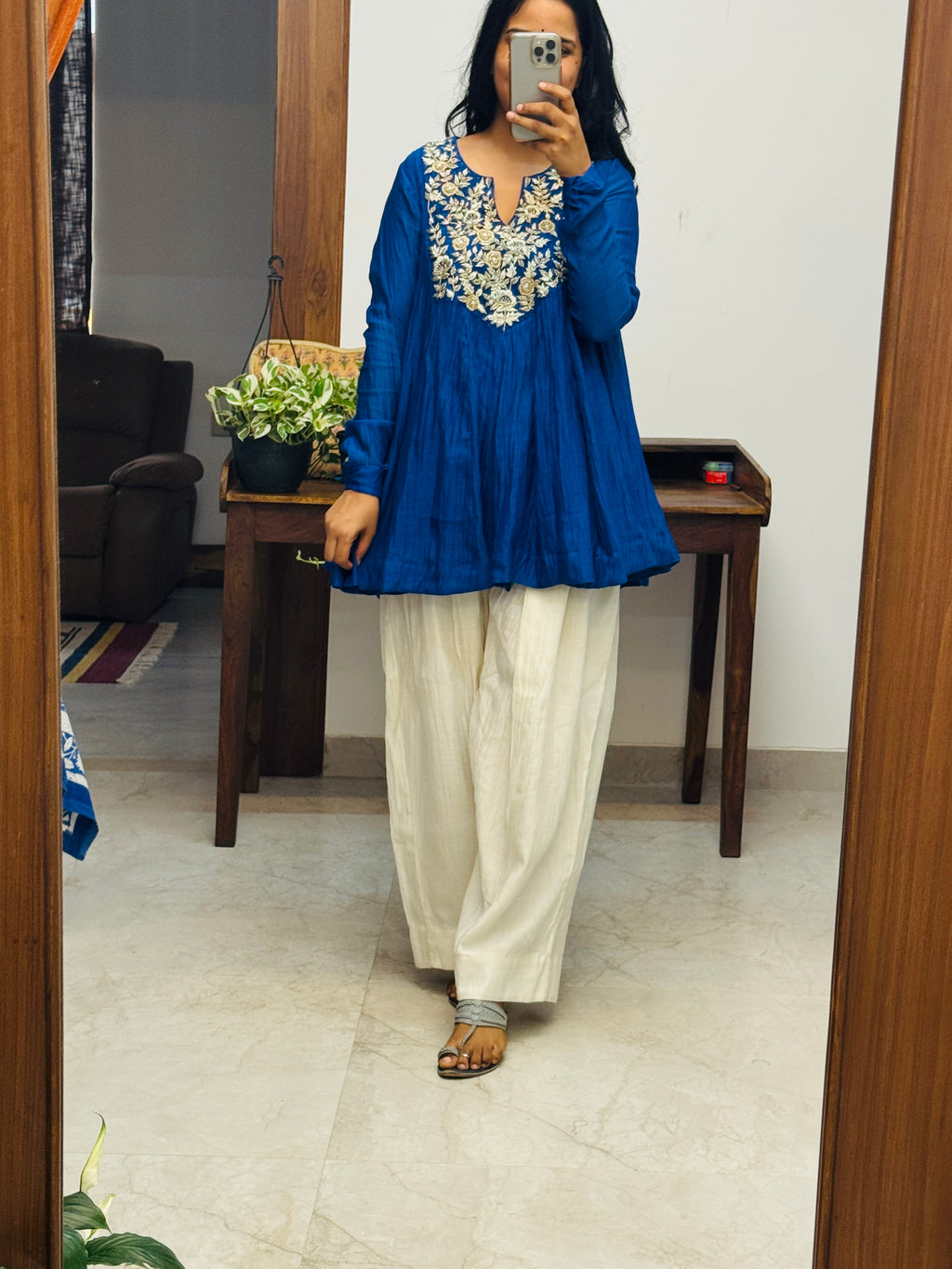 Royal Blue Mul chanderi Anarkali with Farshi Salwar