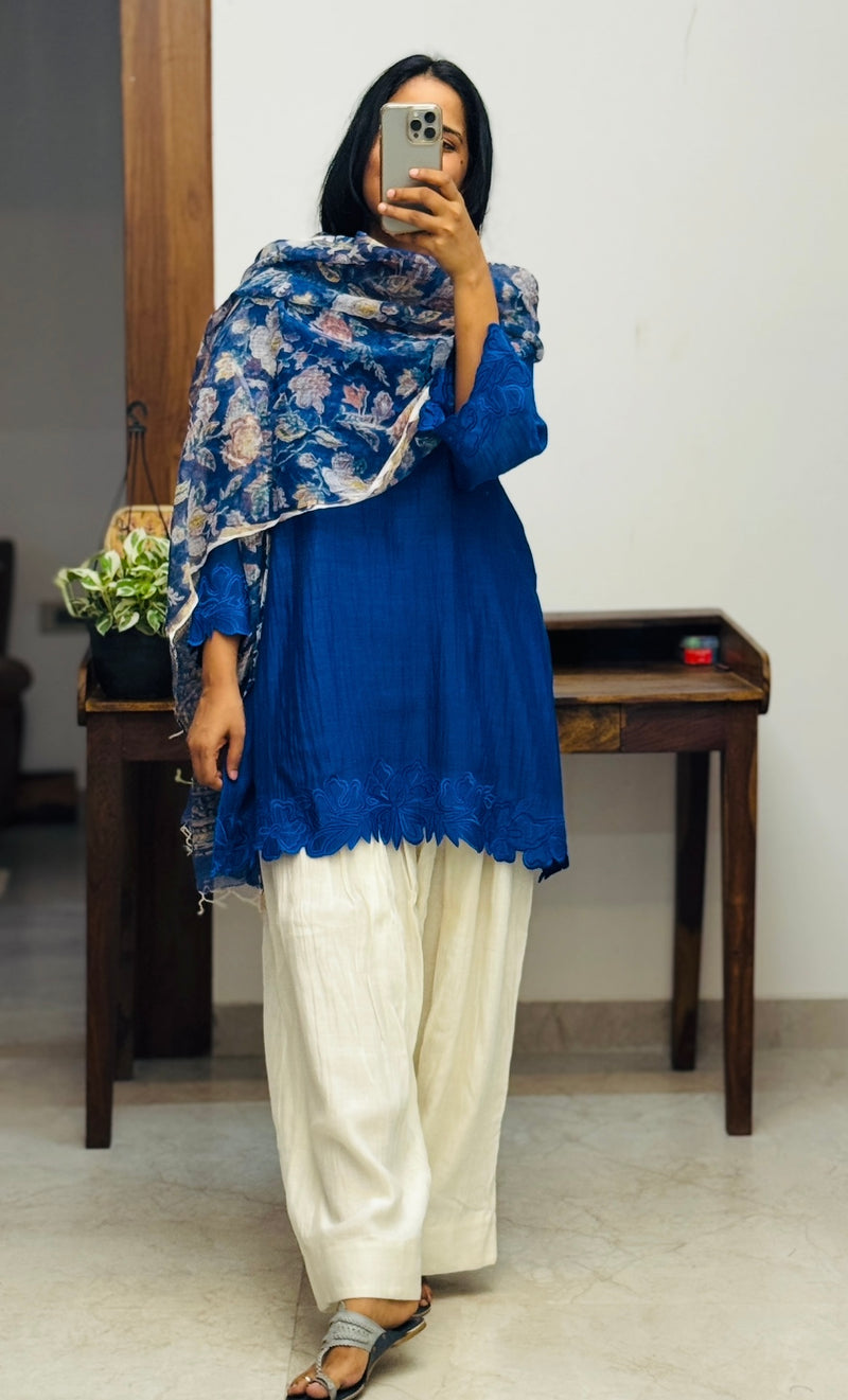 Short Royal Blue Mul chanderi Farshi salwar Kurta set of 2