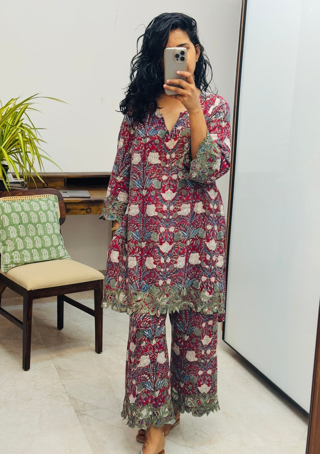 Maroon Hand block printed embroidered kurta set of 2