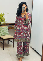 Maroon Hand block printed embroidered kurta set of 2