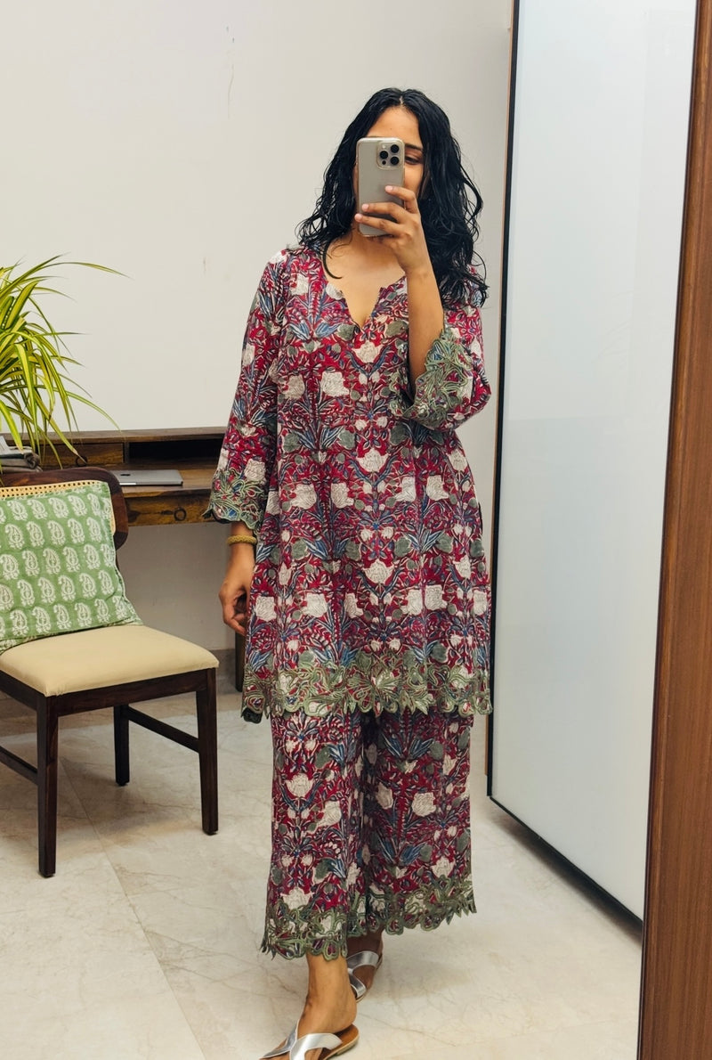 Maroon Hand block printed embroidered kurta set of 2