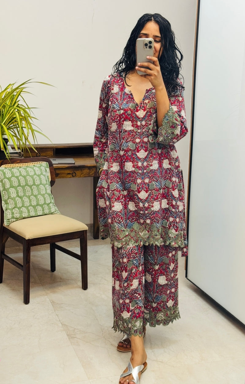 Maroon Hand block printed embroidered kurta set of 2