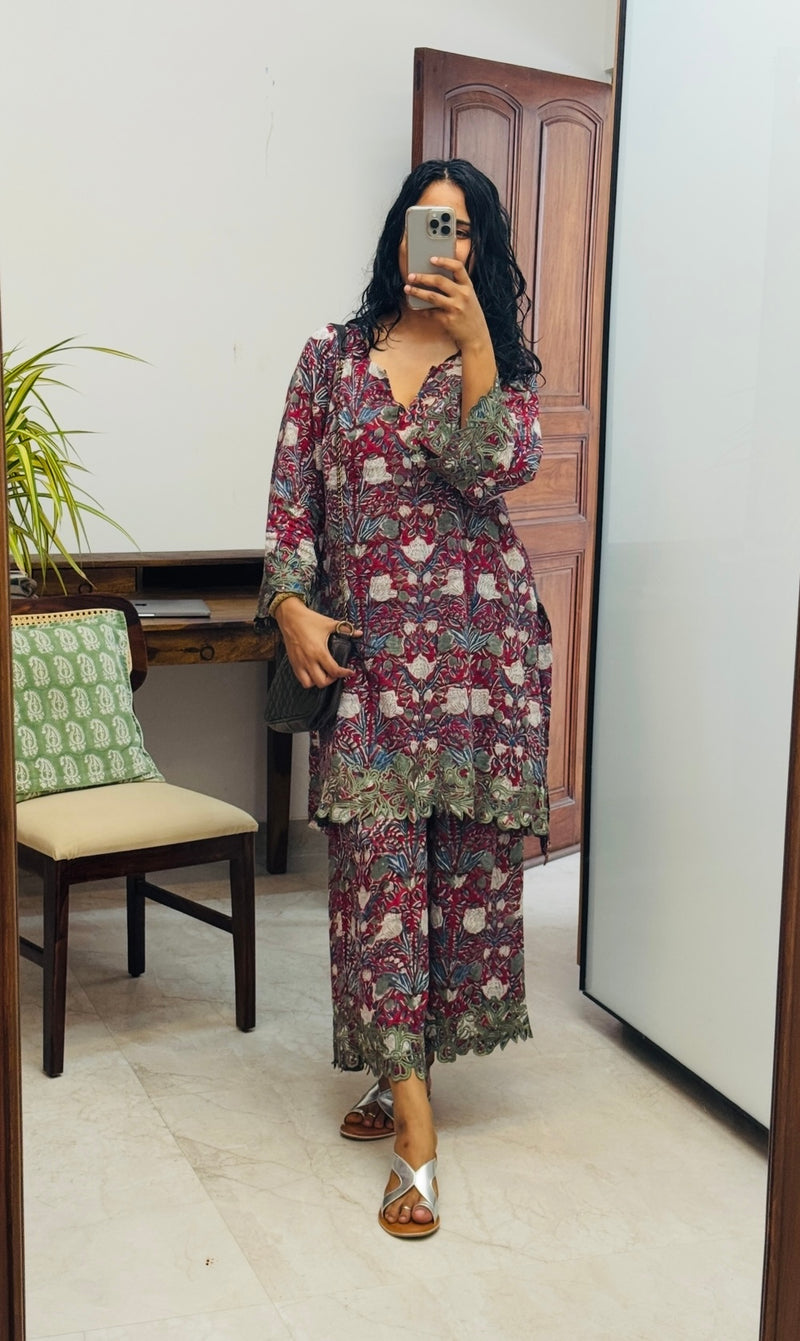 Maroon Hand block printed embroidered kurta set of 2