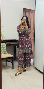 Maroon Hand block printed embroidered kurta set of 2