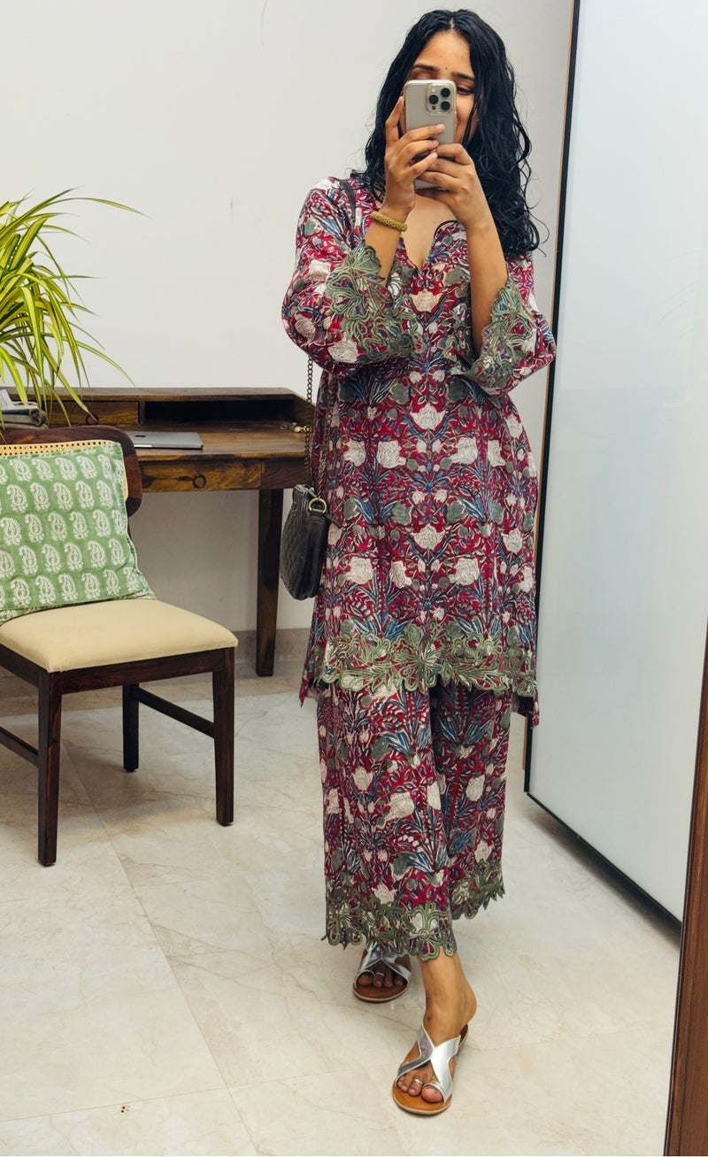 Maroon Hand block printed embroidered kurta set of 2