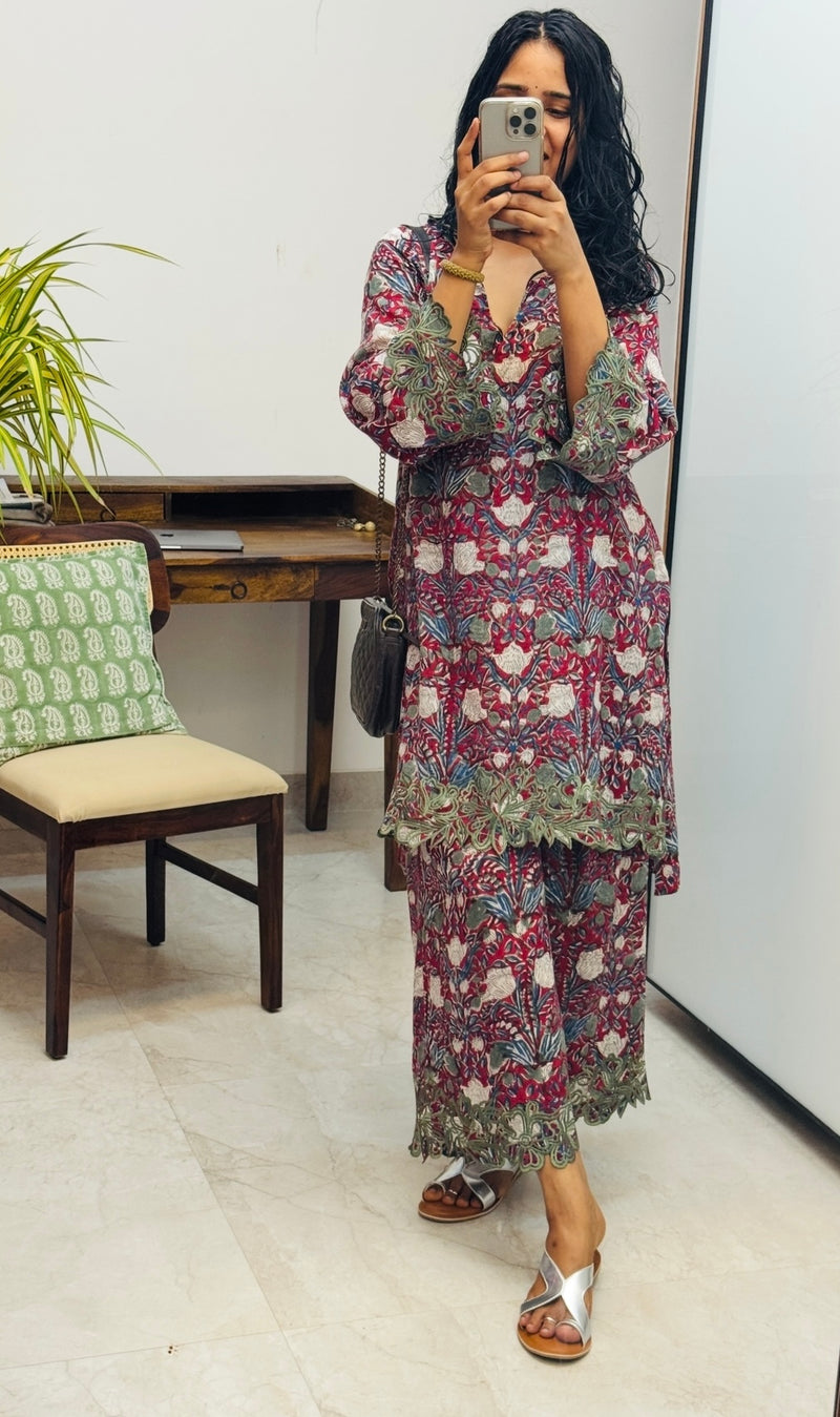 Maroon Hand block printed embroidered kurta set of 2