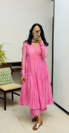 Pink chanderi anarkali with churi sleeves Set of 3