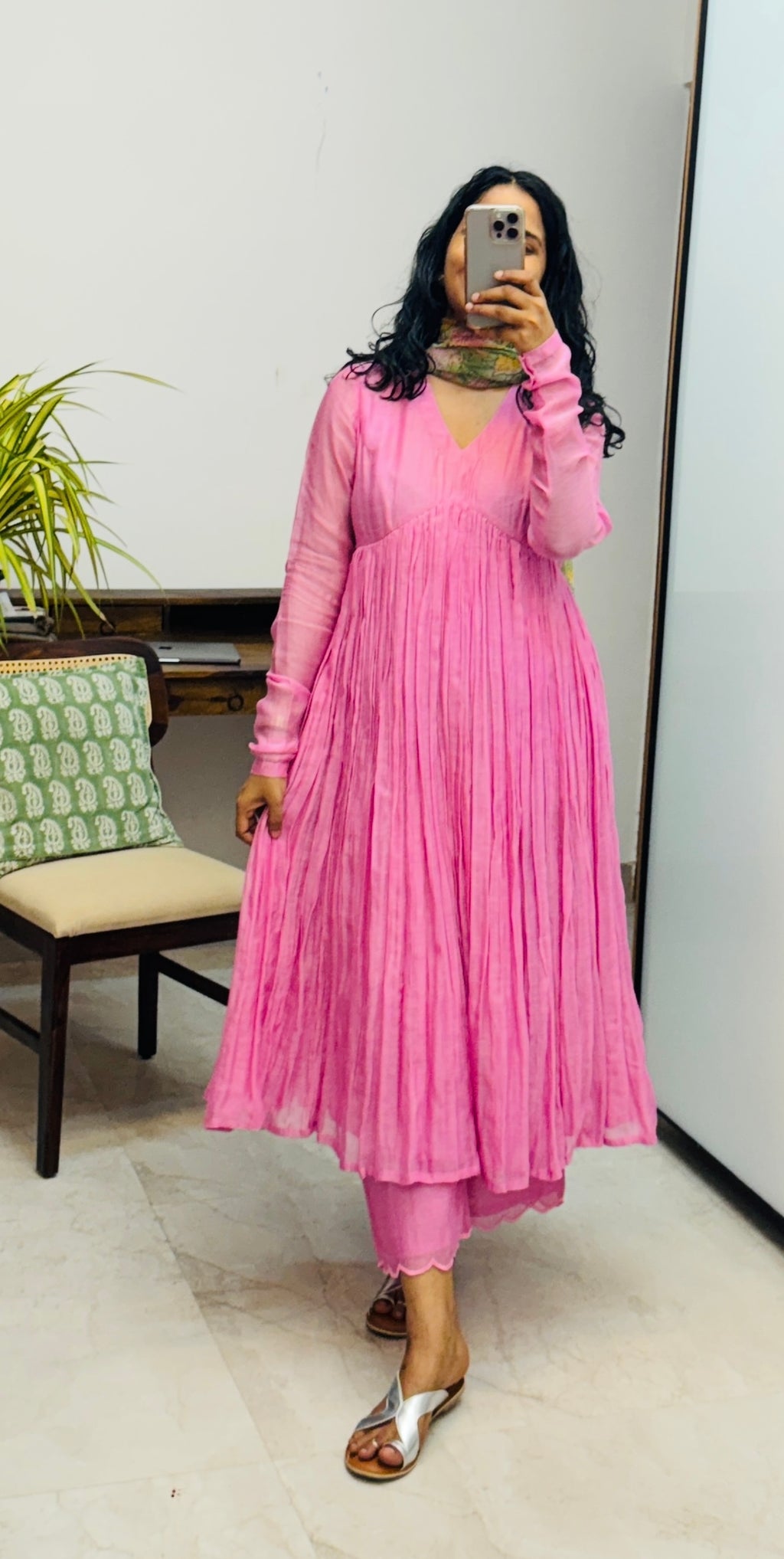 Pink chanderi anarkali with churi sleeves Set of 3
