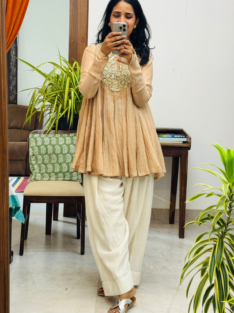 Beige Mul chanderi embroideredAnarkali with Farshi Salwar