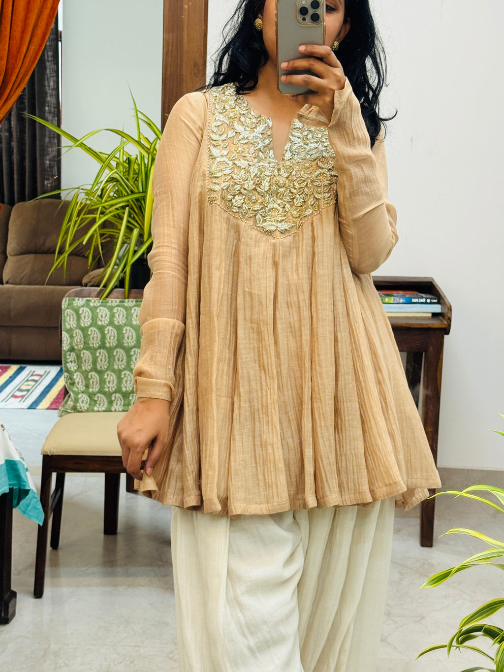 Beige Mul chanderi embroideredAnarkali with Farshi Salwar