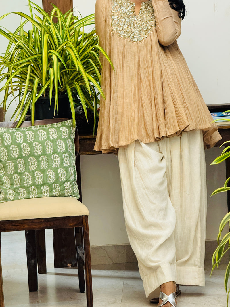 Beige Mul chanderi embroideredAnarkali with Farshi Salwar