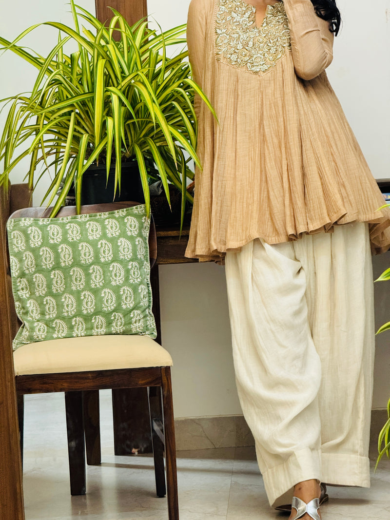 Beige Mul chanderi embroideredAnarkali with Farshi Salwar