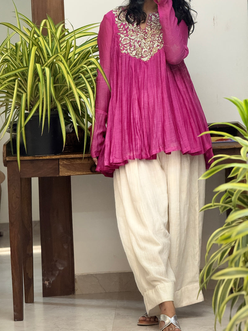 Pink Mul chanderi Anarkali and White Farshi Salwar