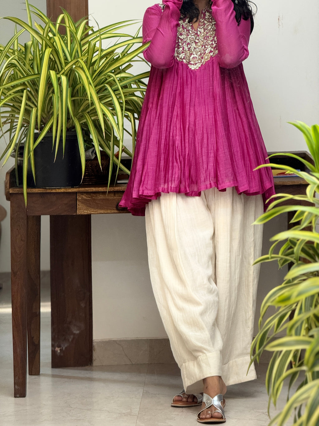 Pink Mul chanderi Anarkali and White Farshi Salwar