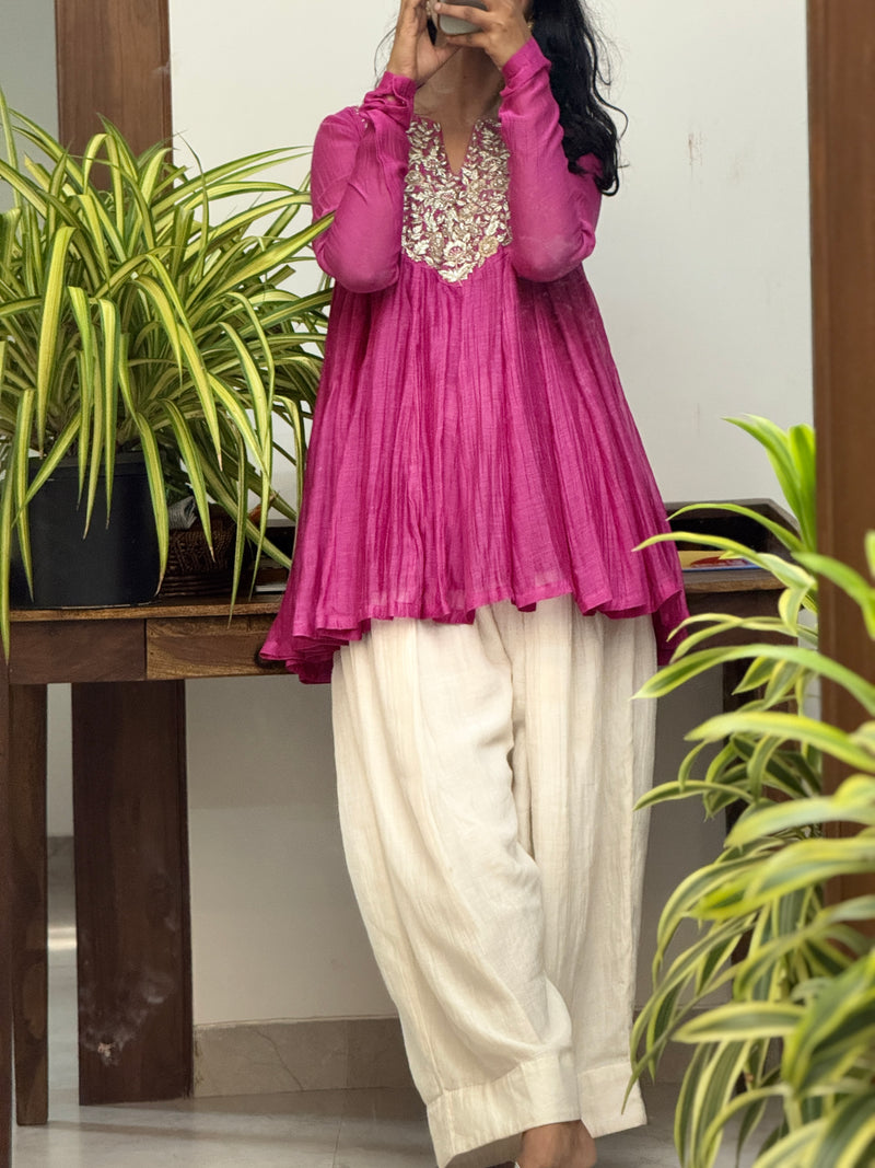 Pink Mul chanderi Anarkali and White Farshi Salwar