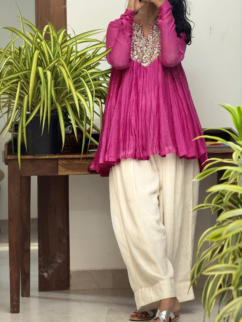 Pink Mul chanderi Anarkali and White Farshi Salwar