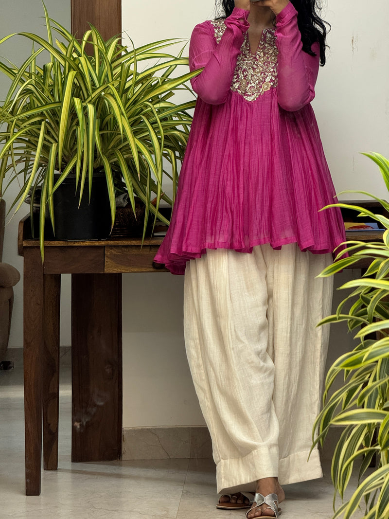 Pink Mul chanderi Anarkali and White Farshi Salwar