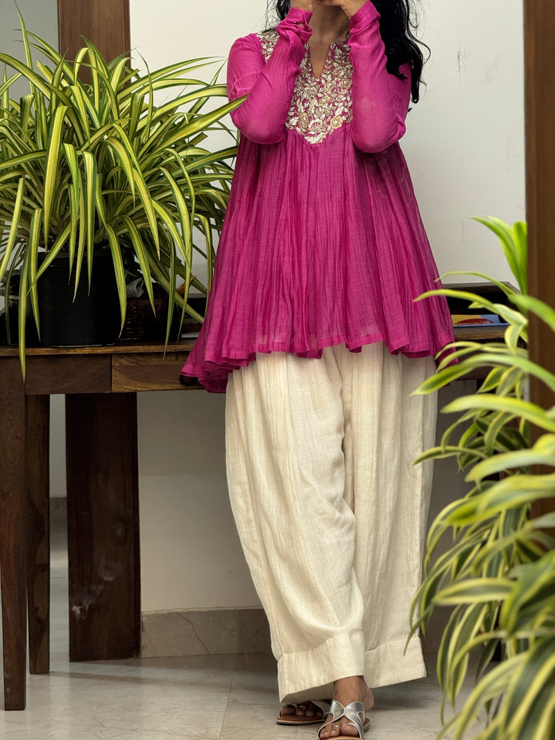 Pink Mul chanderi Anarkali and White Farshi Salwar