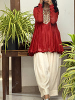 Crimson Red Mul chanderi embroidered Anarkali with Farshi Salwar