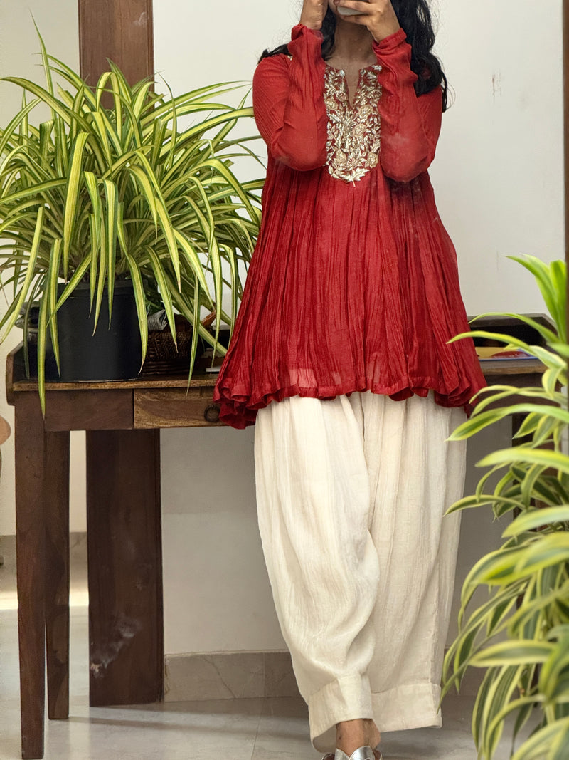 Crimson Red Mul chanderi embroidered Anarkali with Farshi Salwar