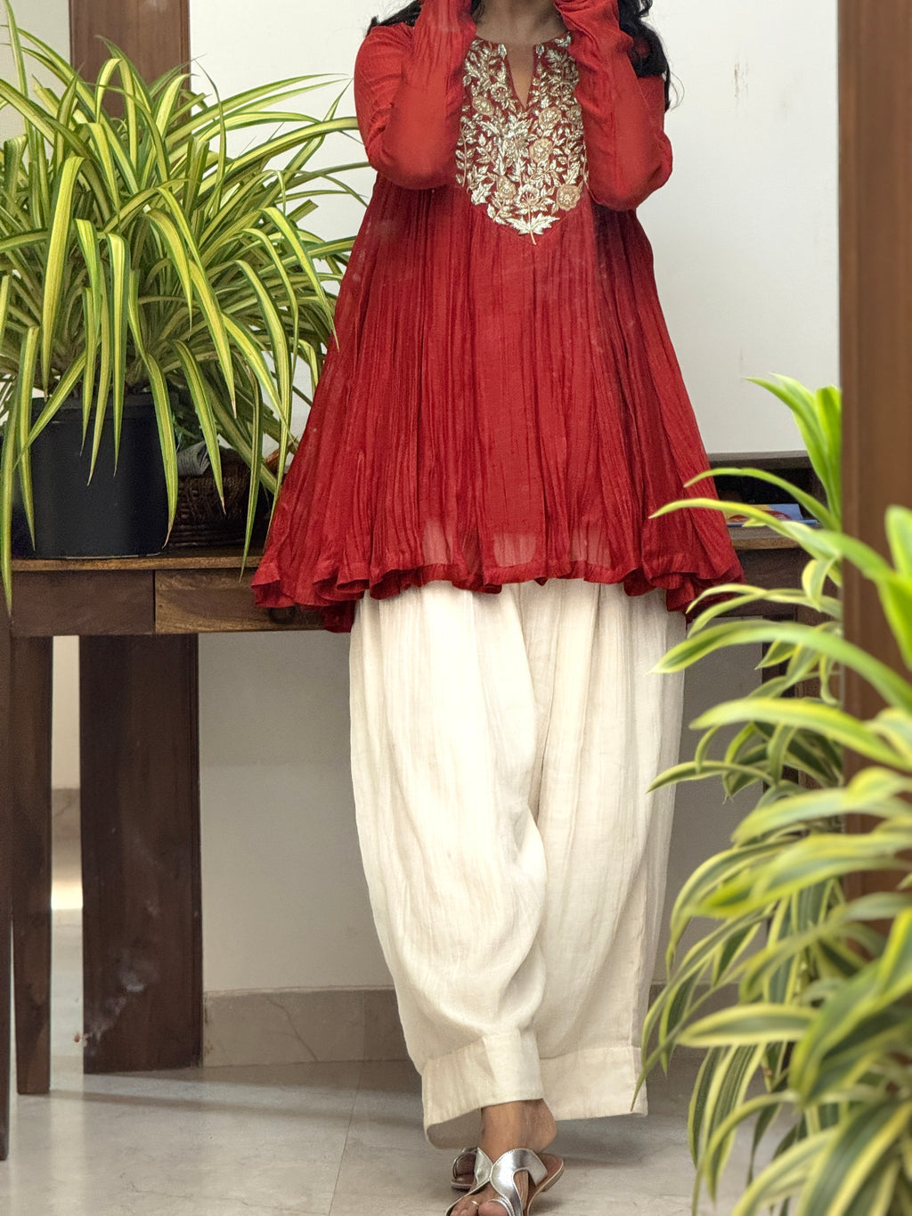 Crimson Red Mul chanderi embroidered Anarkali with Farshi Salwar