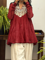 Maroon Mul chanderi Anarkali and White Farshi Salwar